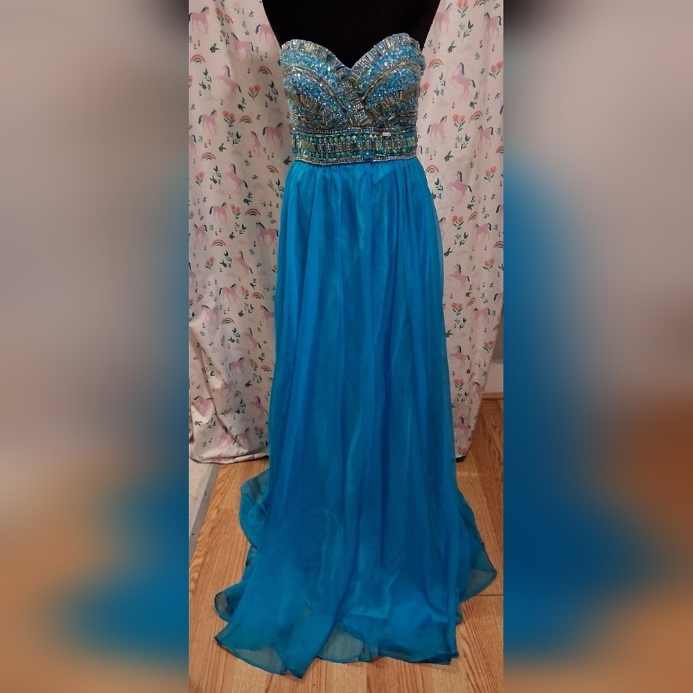 EUC Alyce Paris Teal Aqua Crystal Bead Strapless Chiffon Prom Dance Dress SZ 6